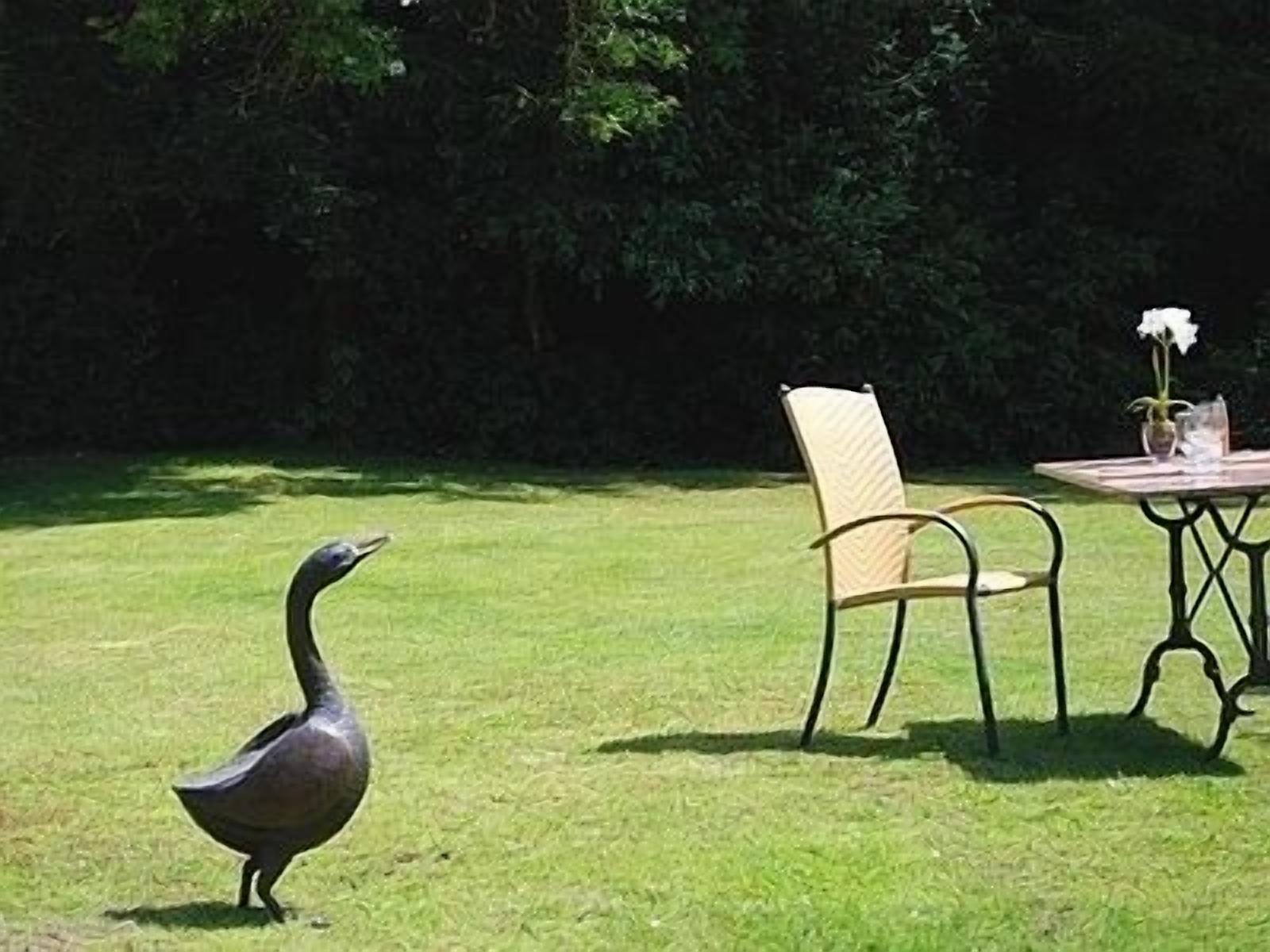 Un espacio al aire libre con césped, una mesa y sillas, un jarrón con una flor y un pájaro.