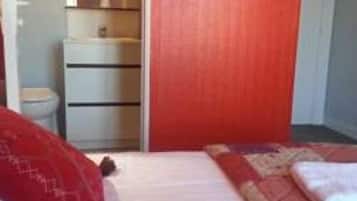 A bedroom with a bed, a wardrobe, and a small bathroom.