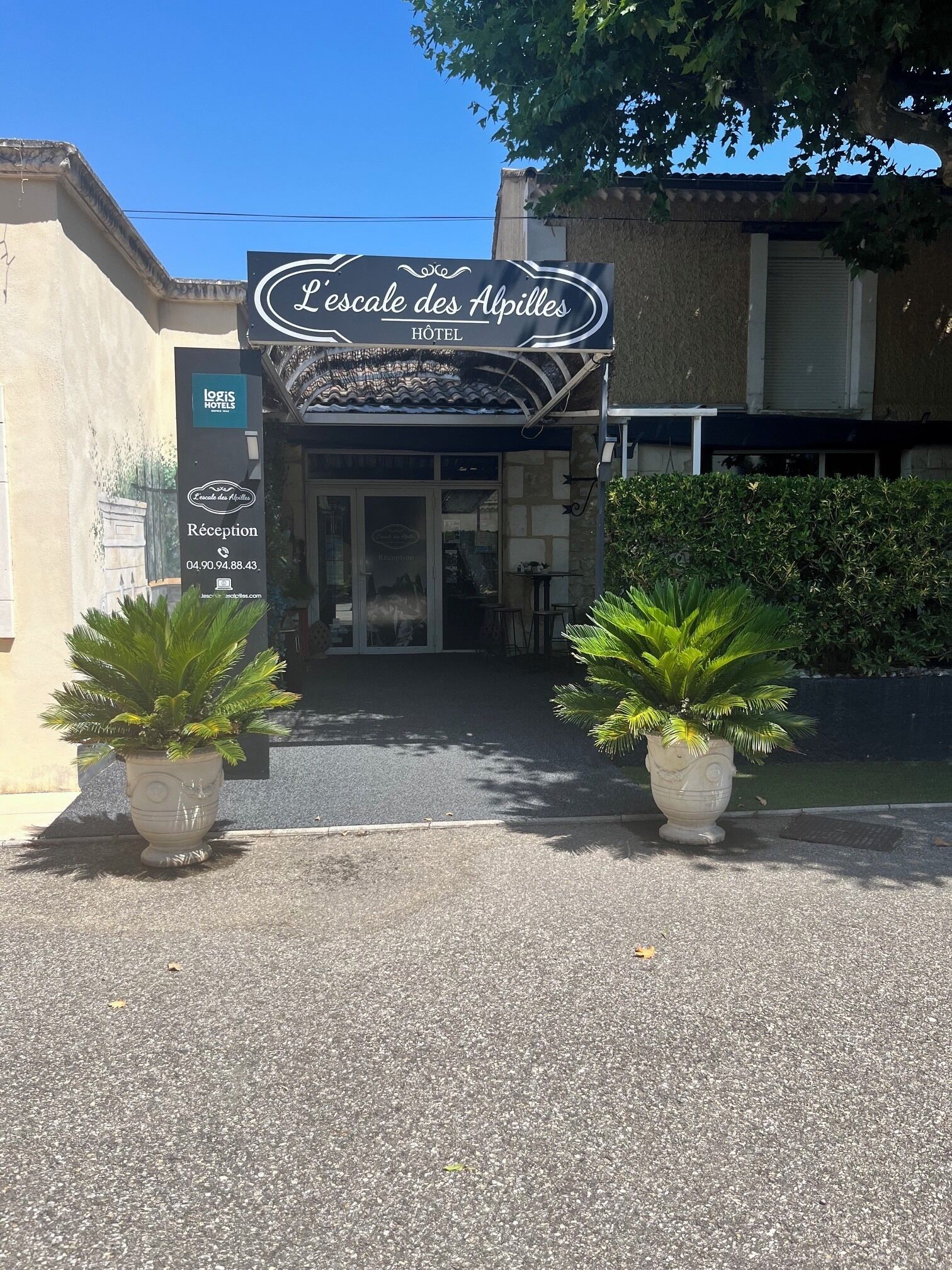 La entrada al Hotel L'escal des Alpilles, con un mostrador de recepción, un cartel y dos plantas en macetas.