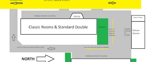Ein Grundriss eines Hotels mit Classic-Zimmern und Standard-Doppelzimmern, außerdem Deluxe-Zimmern und Deluxe-Doppelzimmern.