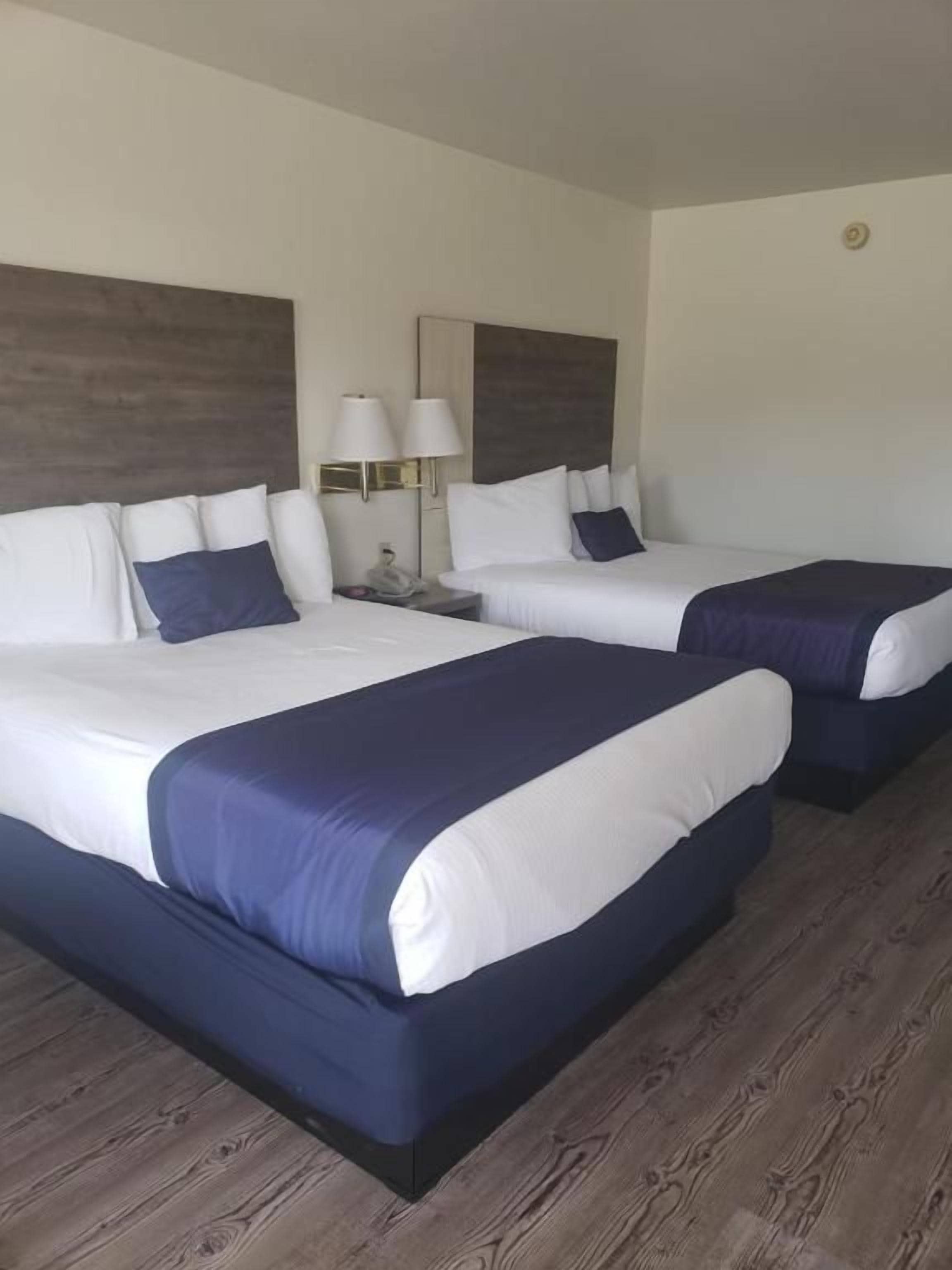 A hotel room with two beds, a nightstand, a lamp, and a wooden floor.