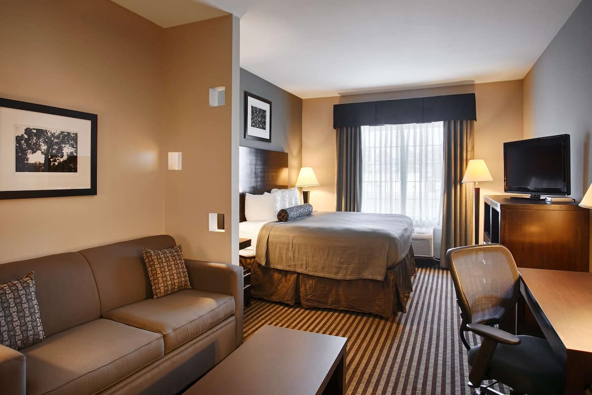 A hotel room with a bed, a sofa, a desk, a TV, and a picture on the wall.