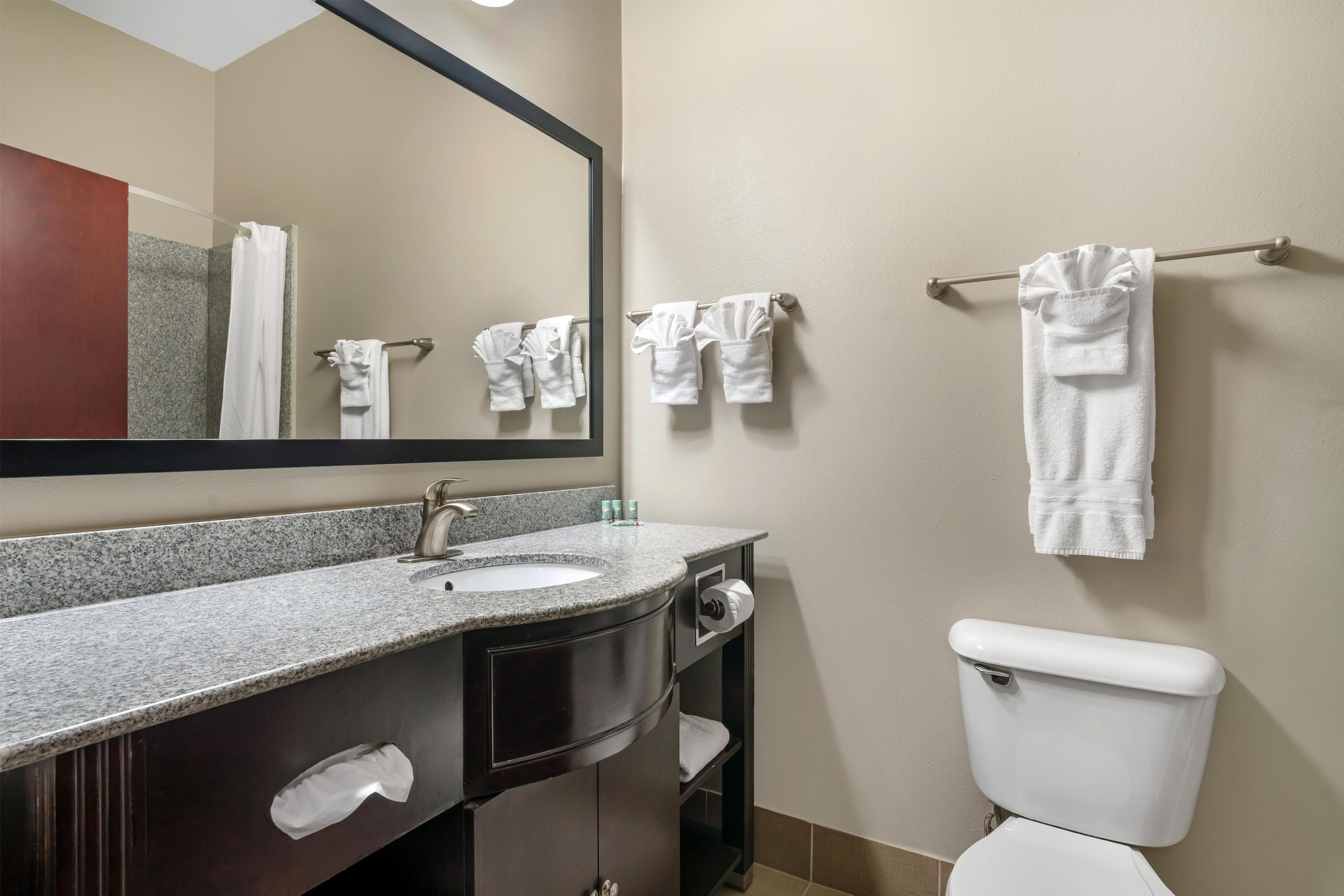 Une salle de bain équipée d’un lavabo, d’un miroir, d’un porte-serviettes et de toilettes.