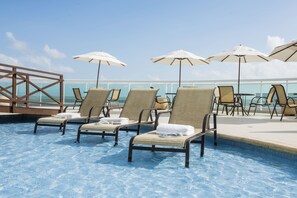 室外游泳池，08:00 至 21:00 开放，池畔遮阳伞