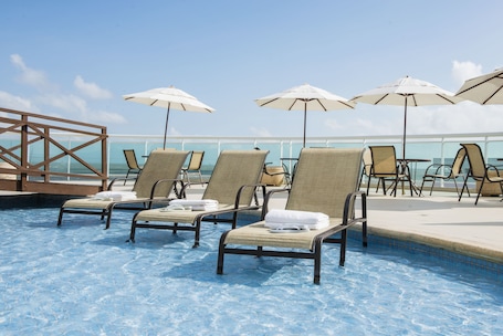 Outdoor pool, open 8 AM to 9 PM, pool umbrellas