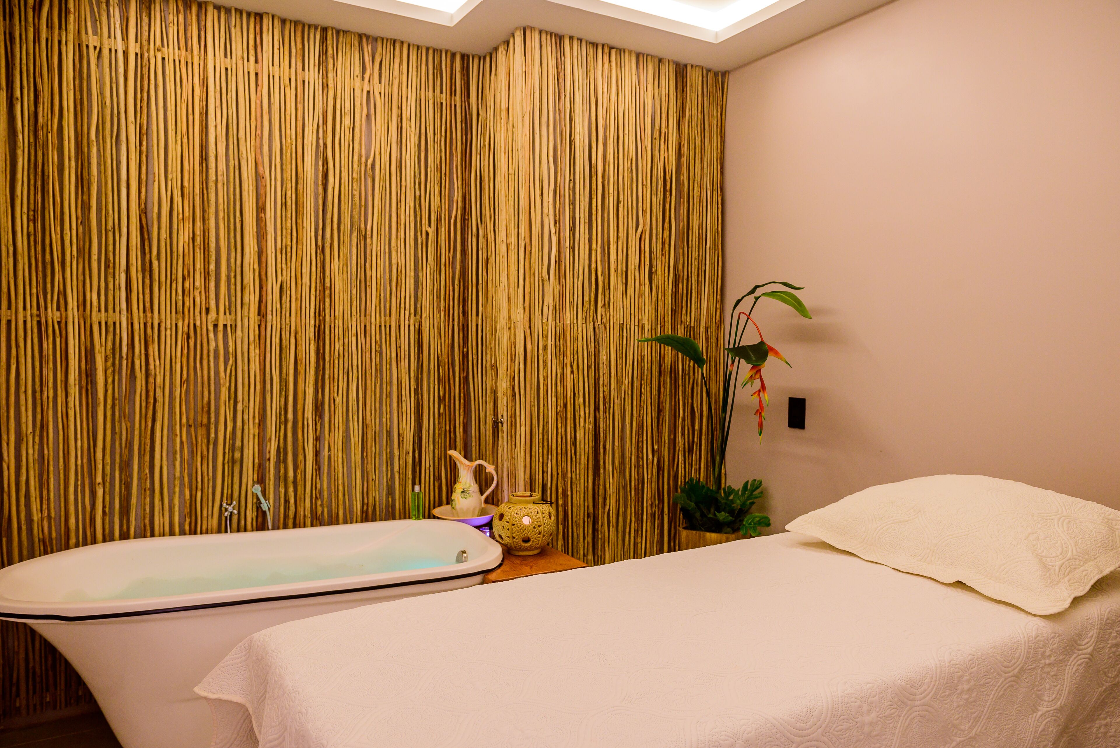 Een spa-ruimte met een badkuip, een massagetafel, een wandplank met decoratieve objecten en een potplant.