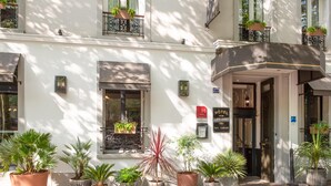 Entrada de un hotel con un cartel que indica una calificación de 4 estrellas, el número '273' sobre la puerta y varias macetas con plantas delante.