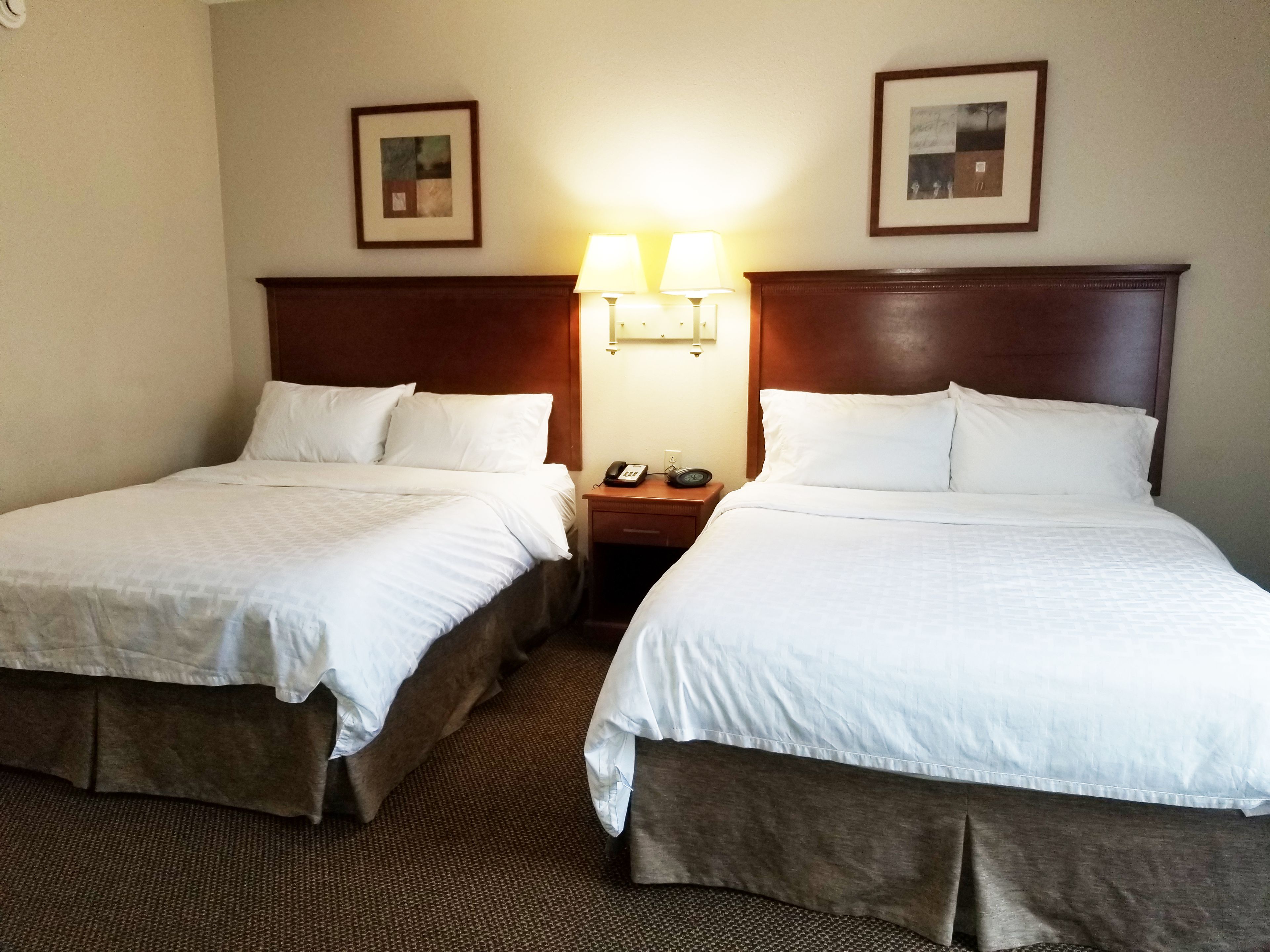 Una habitación de hotel con dos camas, cada una con ropa de cama blanca y cabeceros de madera. Hay dos mesitas de noche con lámparas y un teléfono.