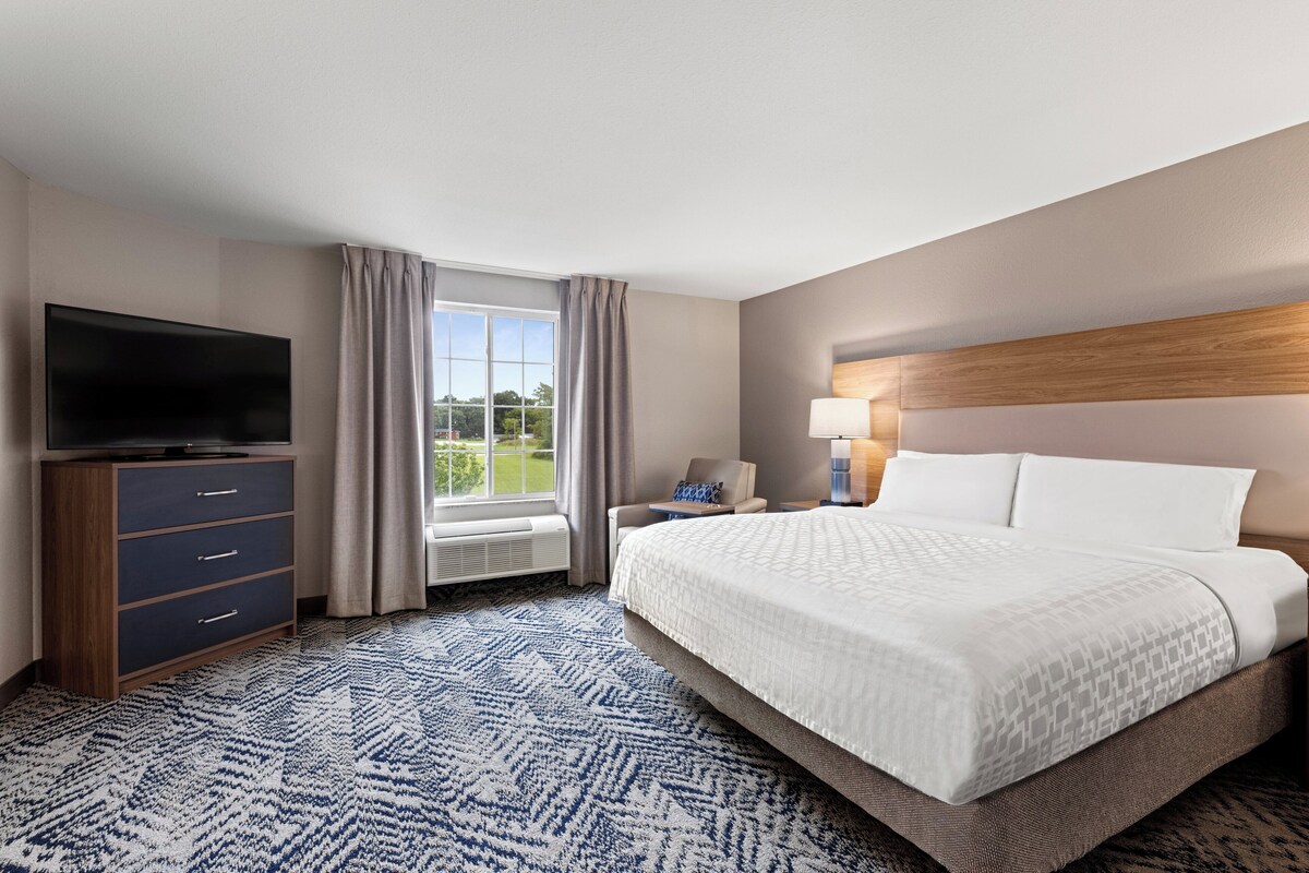 Habitación de hotel con una cama grande, un televisor de pantalla plana, un escritorio con lámpara y vistas al exterior a través de una ventana.