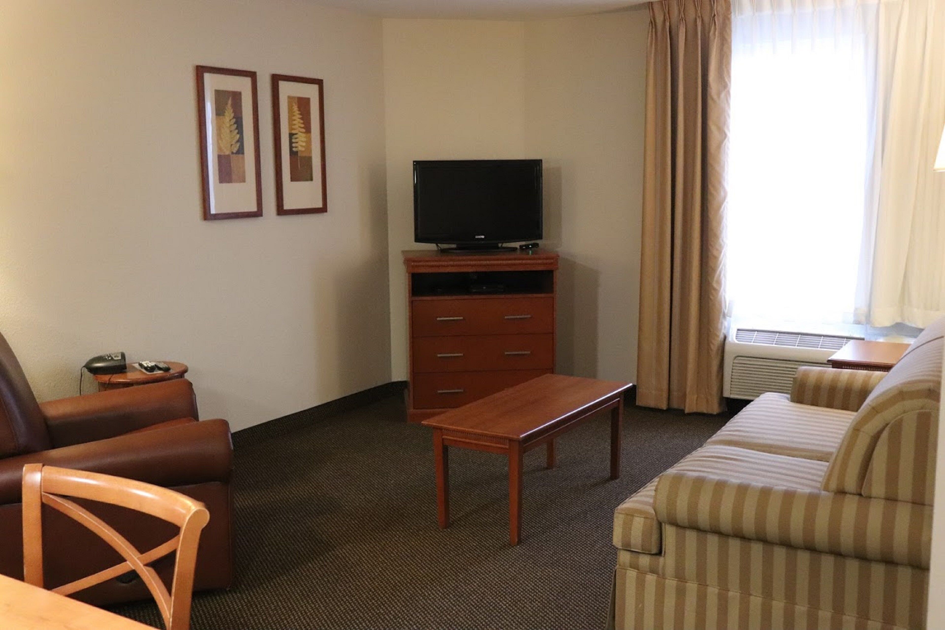 A hotel room with a sofa, a chair, a television on a wooden stand, and a small table.