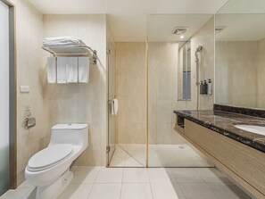 Un baño moderno con inodoro, ducha envuelta en vidrio y lavamanos de mármol.