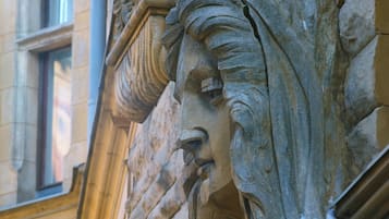 Discover the intricate stone carving on this historic building's exterior, featuring a classical figure with delicate details.