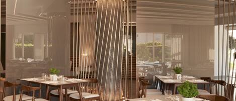 Un comedor moderno con varias mesas y sillas, una pared decorativa con líneas verticales y plantas en macetas.