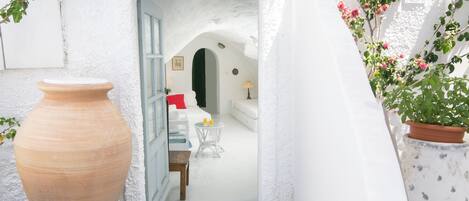 A white-walled room with a door leading to another room, a large terracotta pot, and a potted plant with pink flowers.