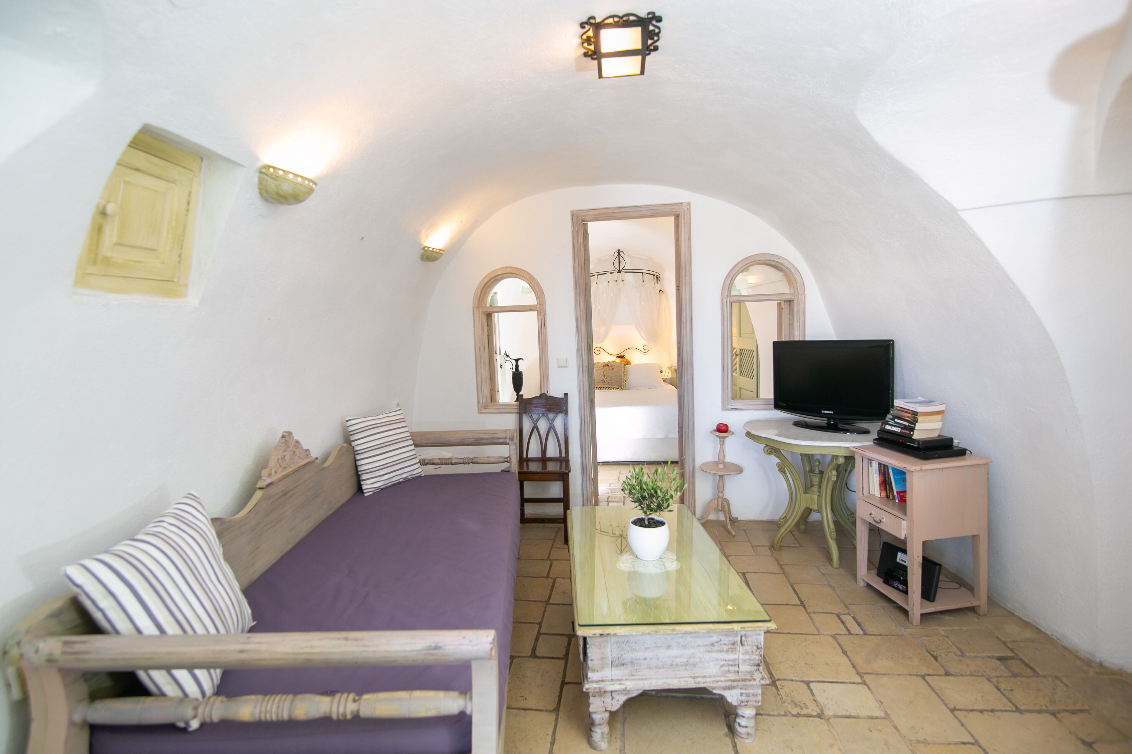 Una habitación acogedora con un sofá, una mesita con una planta, un televisor y una estantería.