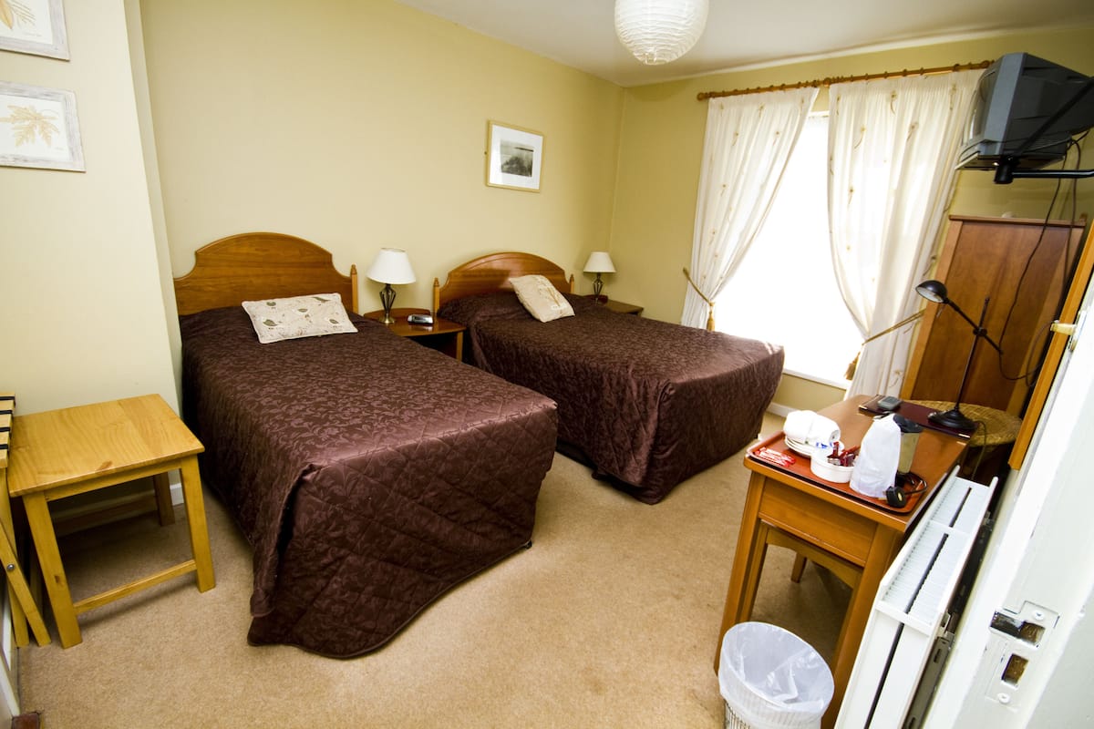 A hotel room with two single beds, a wooden desk, a chair, a small table, a trash bin, a desk lamp, a television, and a picture on the wall.