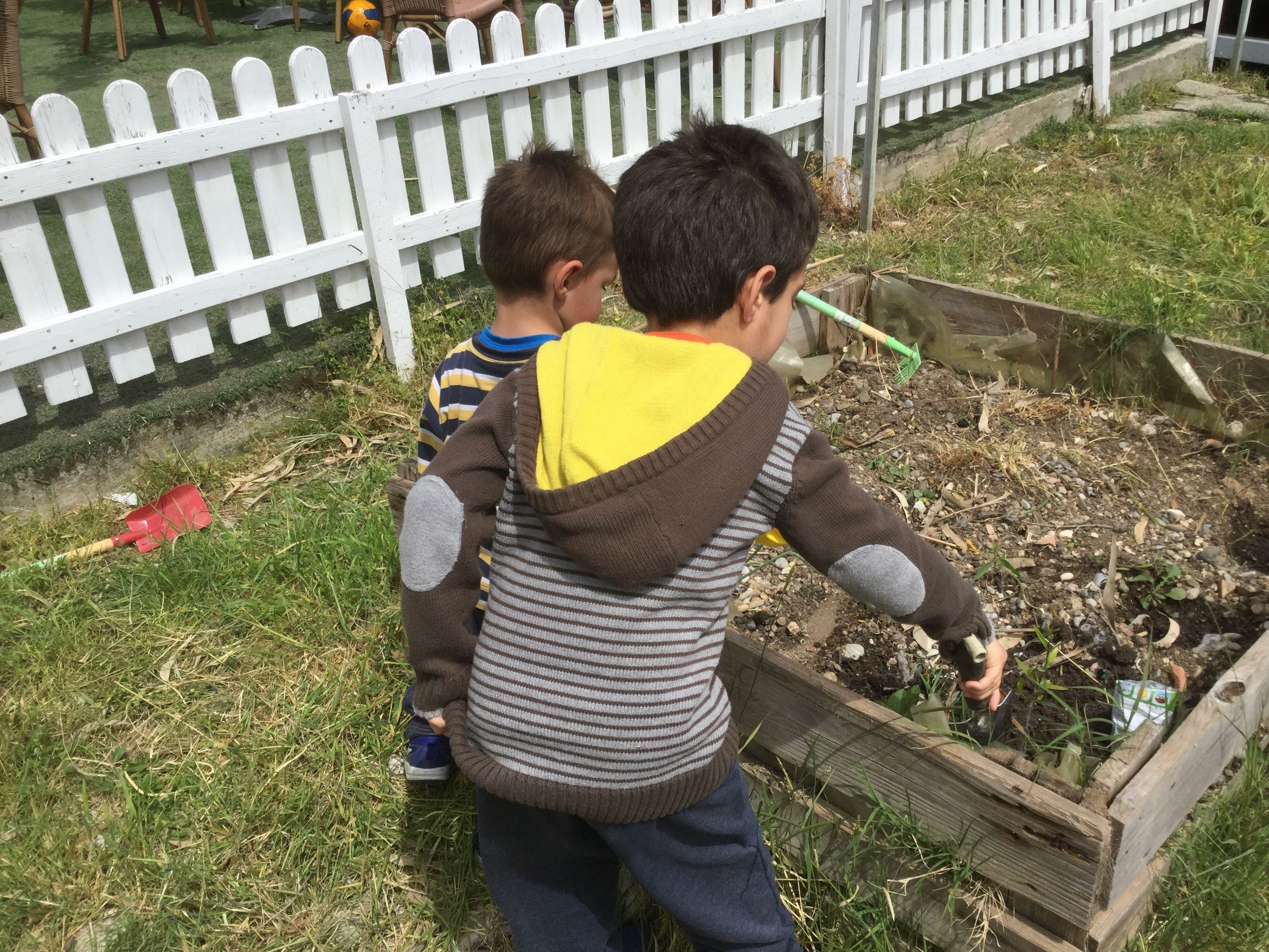 Dos niños jugando en un jardín con una cerca blanca de piquetes al fondo.