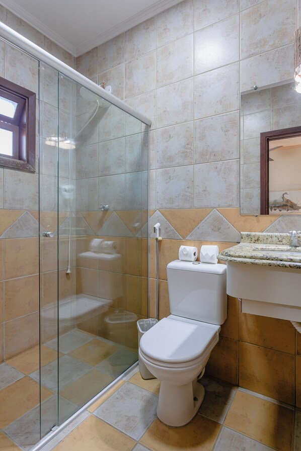 A bathroom with a glass-enclosed shower, a toilet, and a sink with a mirror above it.