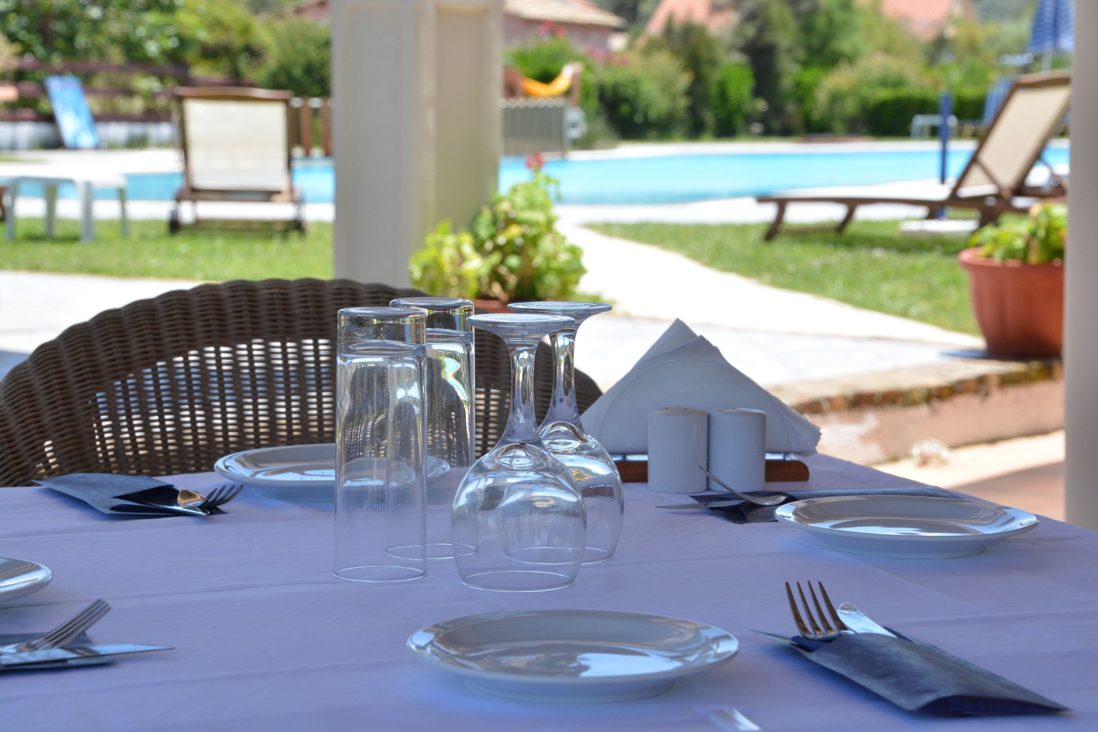 Une table dressée pour un repas en plein air, avec de la vaisselle en verre transparent, des assiettes et des couverts.