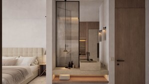 A modern bedroom with a bed, bedside table, and a large mirror. - The Wave (Corfu)