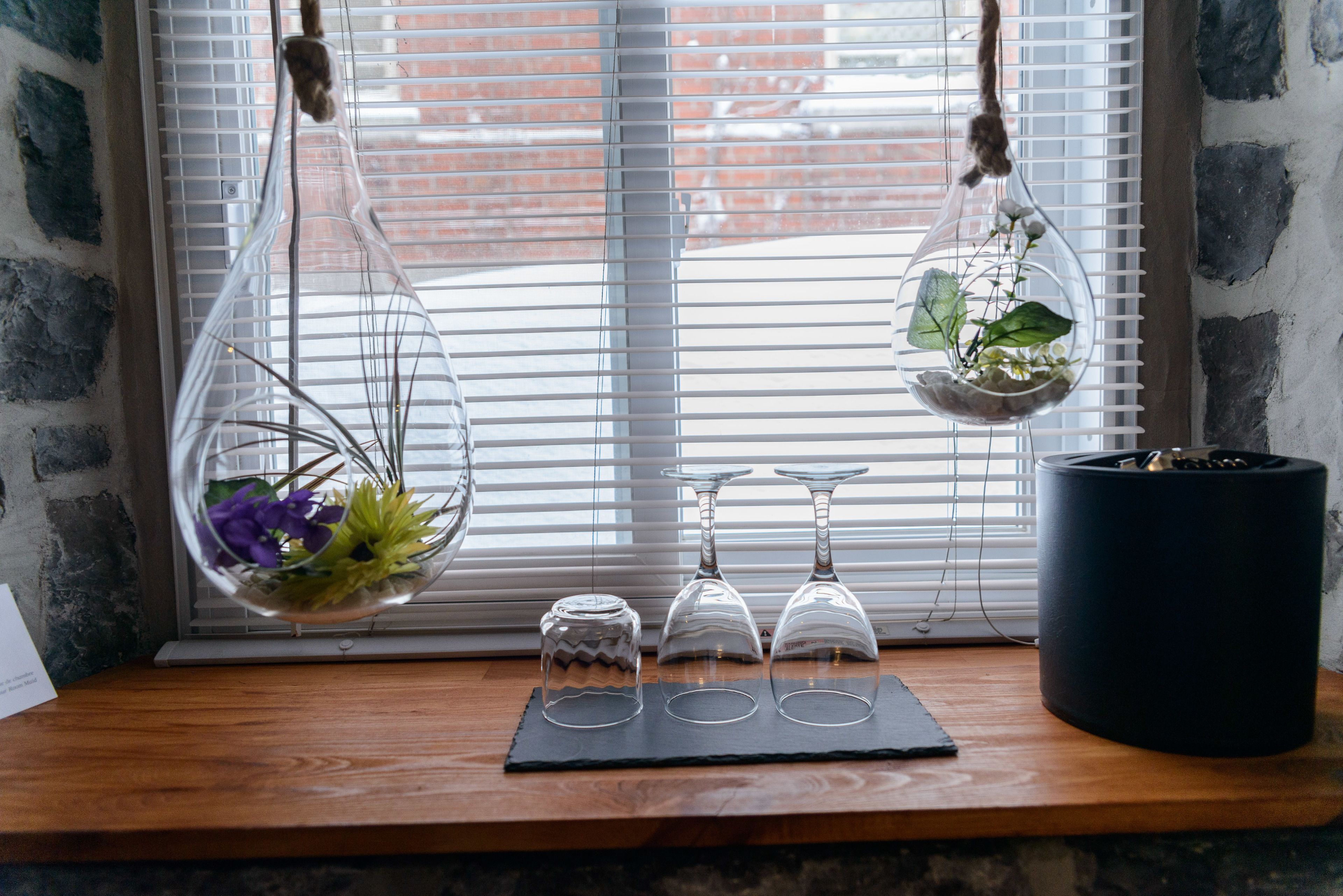 A wooden shelf with three glass terrariums, a potted plant, and two wine glasses.