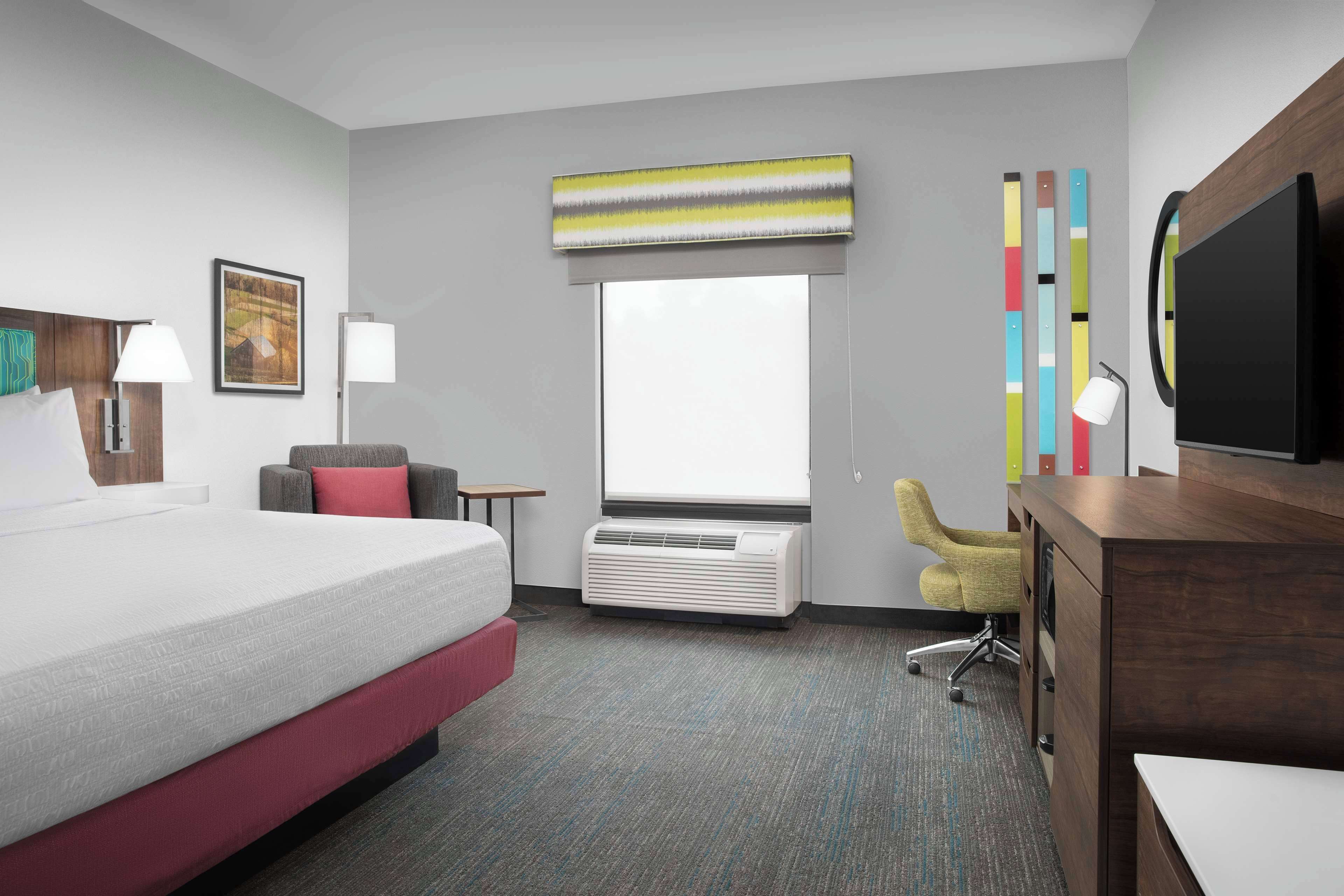 desk, laptop workspace, blackout curtains, iron/ironing board