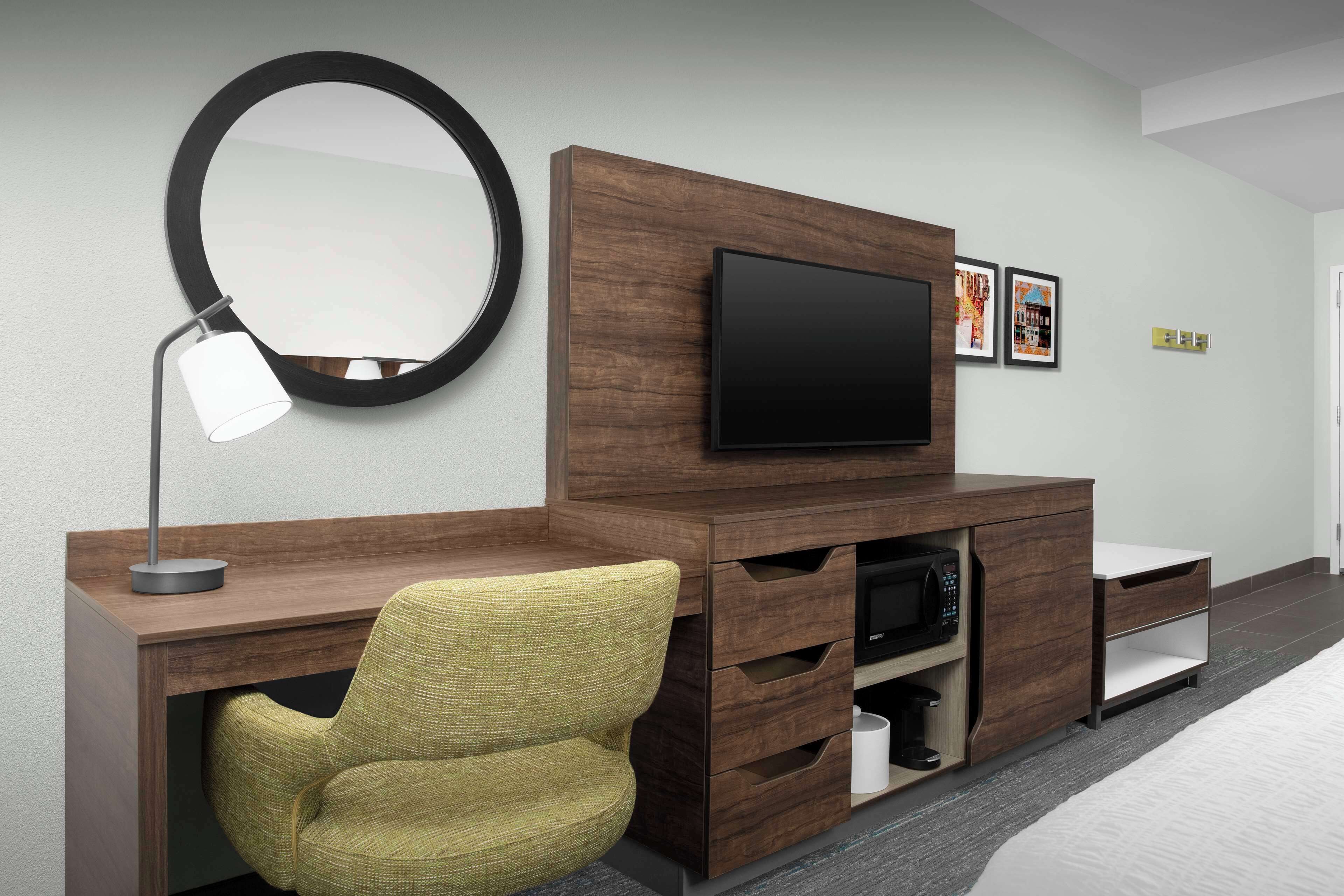 desk, laptop workspace, blackout curtains, iron/ironing board