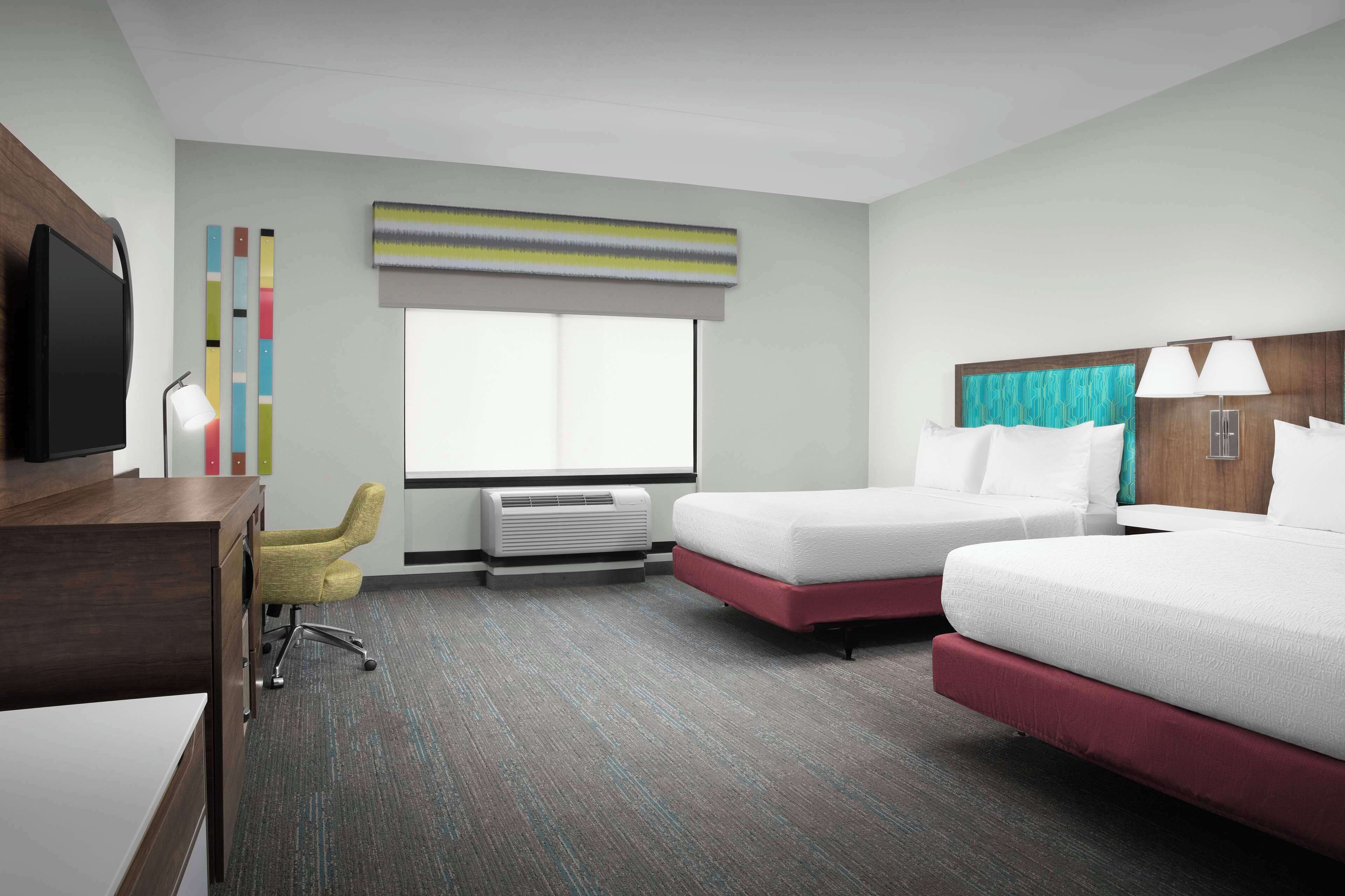 desk, laptop workspace, blackout curtains, iron/ironing board