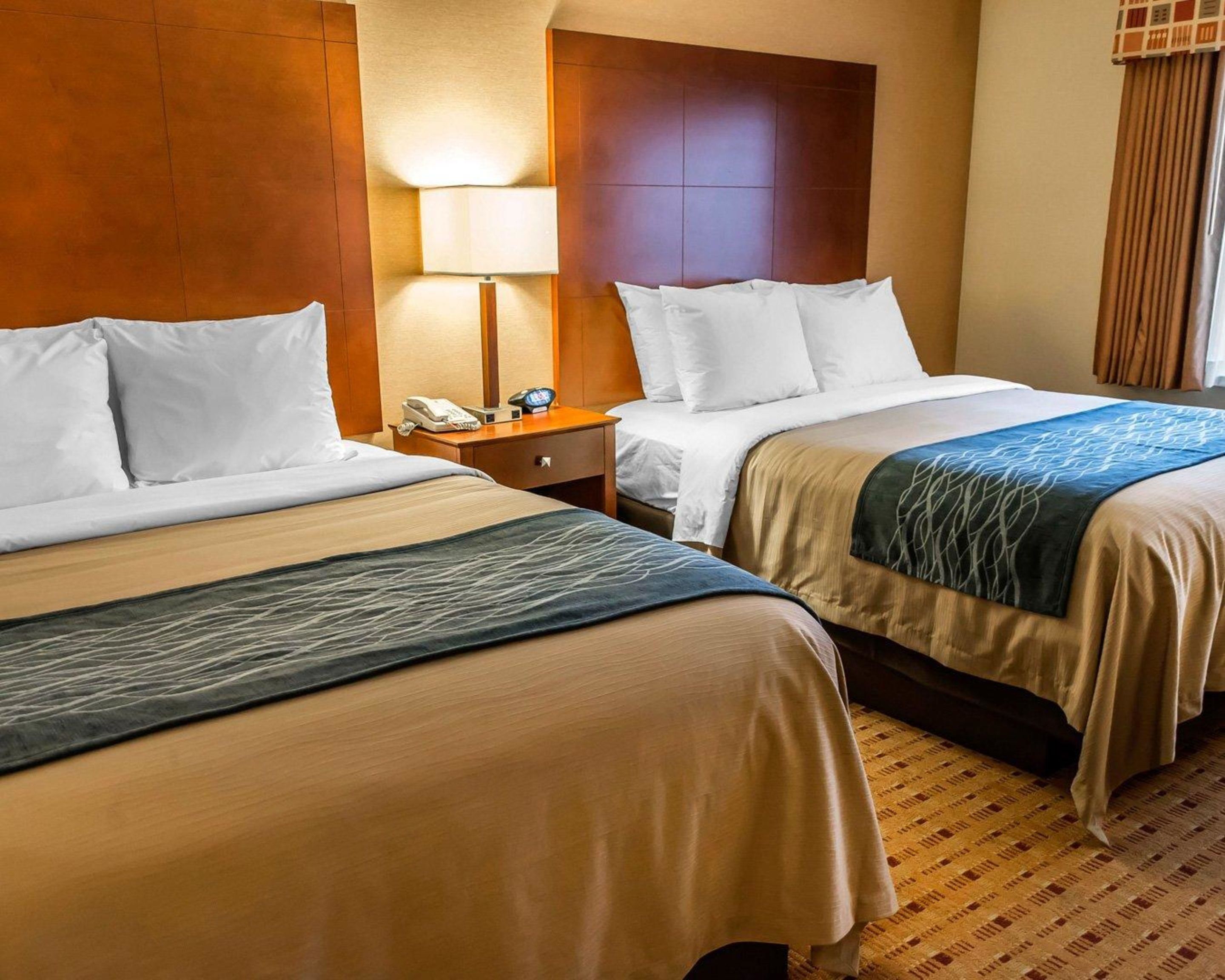 Una habitación de hotel con dos camas, una mesita de noche con lámpara y un teléfono.