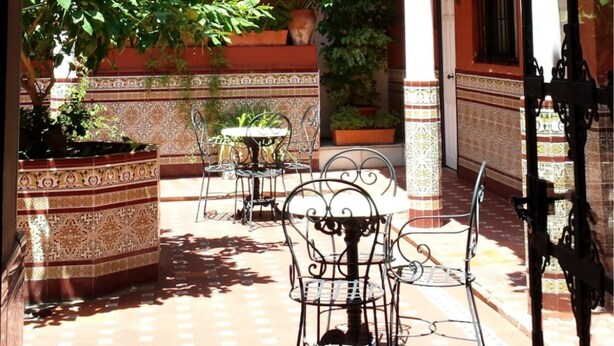 An outdoor patio with a table and chairs, surrounded by potted plants and a decorative railing. - Hotel Al Andalus Jerez (Jerez de la Frontera)
