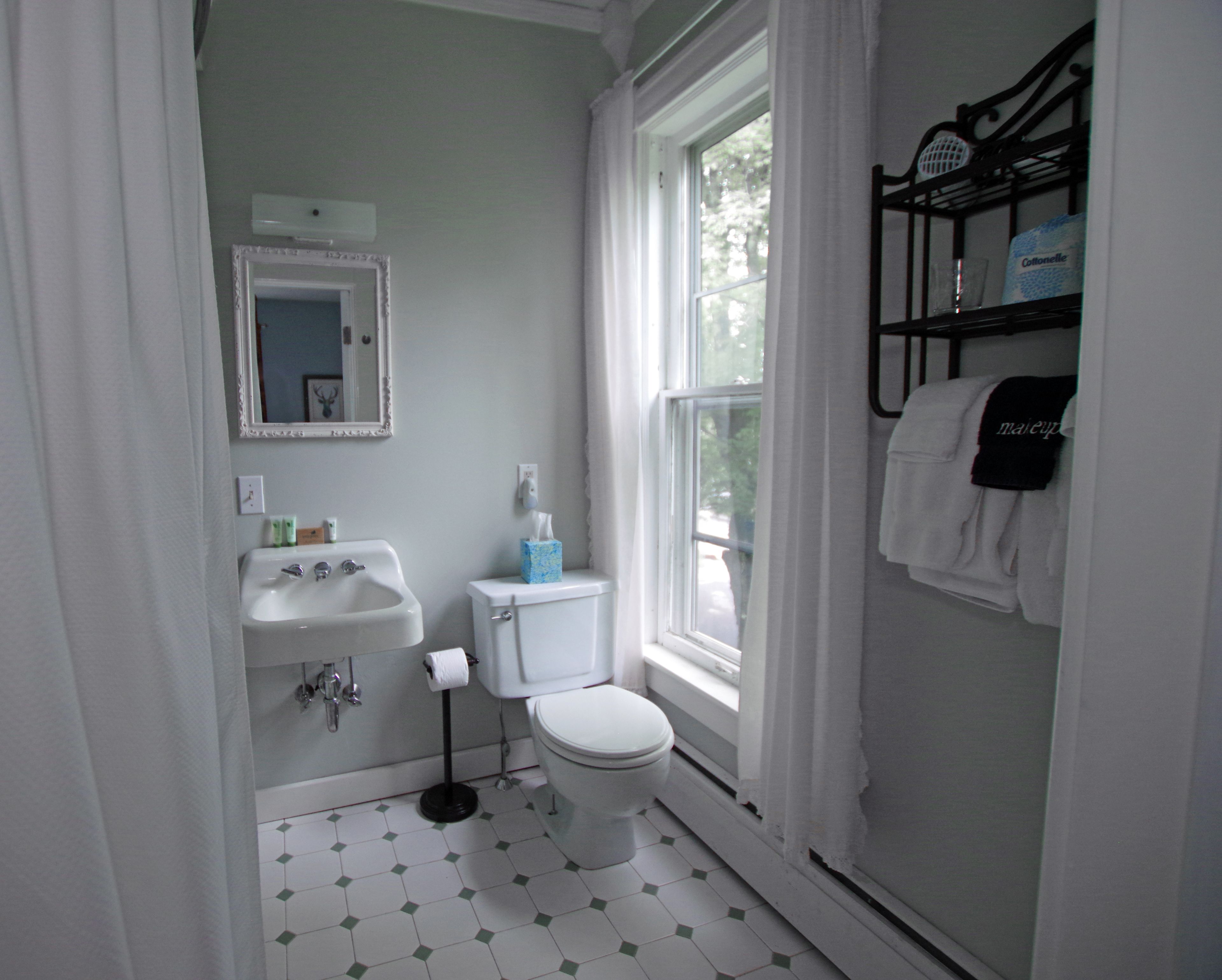 A bathroom with a toilet, sink, and window.