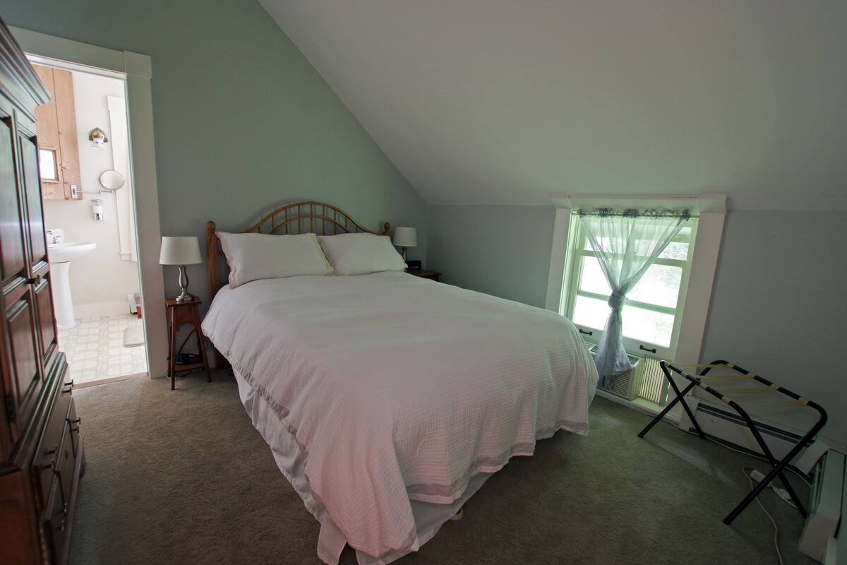 Une chambre avec un grand lit, des lampes de chevet, un radiateur et une fenêtre avec des rideaux.