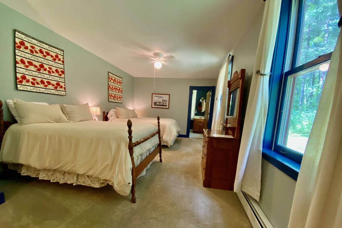 Une chambre avec deux lits, une commode et une fenêtre donnant sur des arbres.