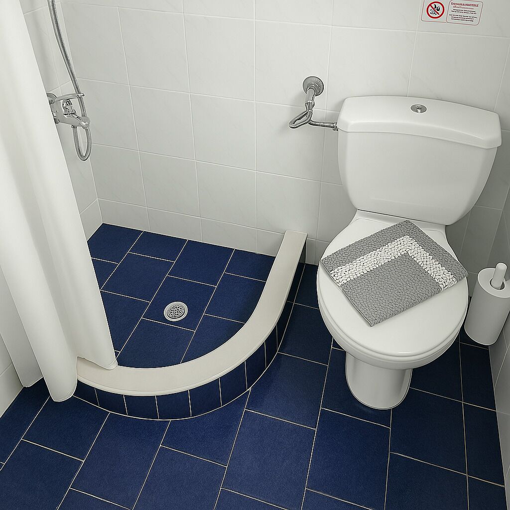 A bathroom with a white toilet, a shower, and a blue tiled floor.