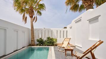 Un espace piscine privé comprenant deux chaises longues, un palmier et un mur blanc agrémenté de panneaux décoratifs.