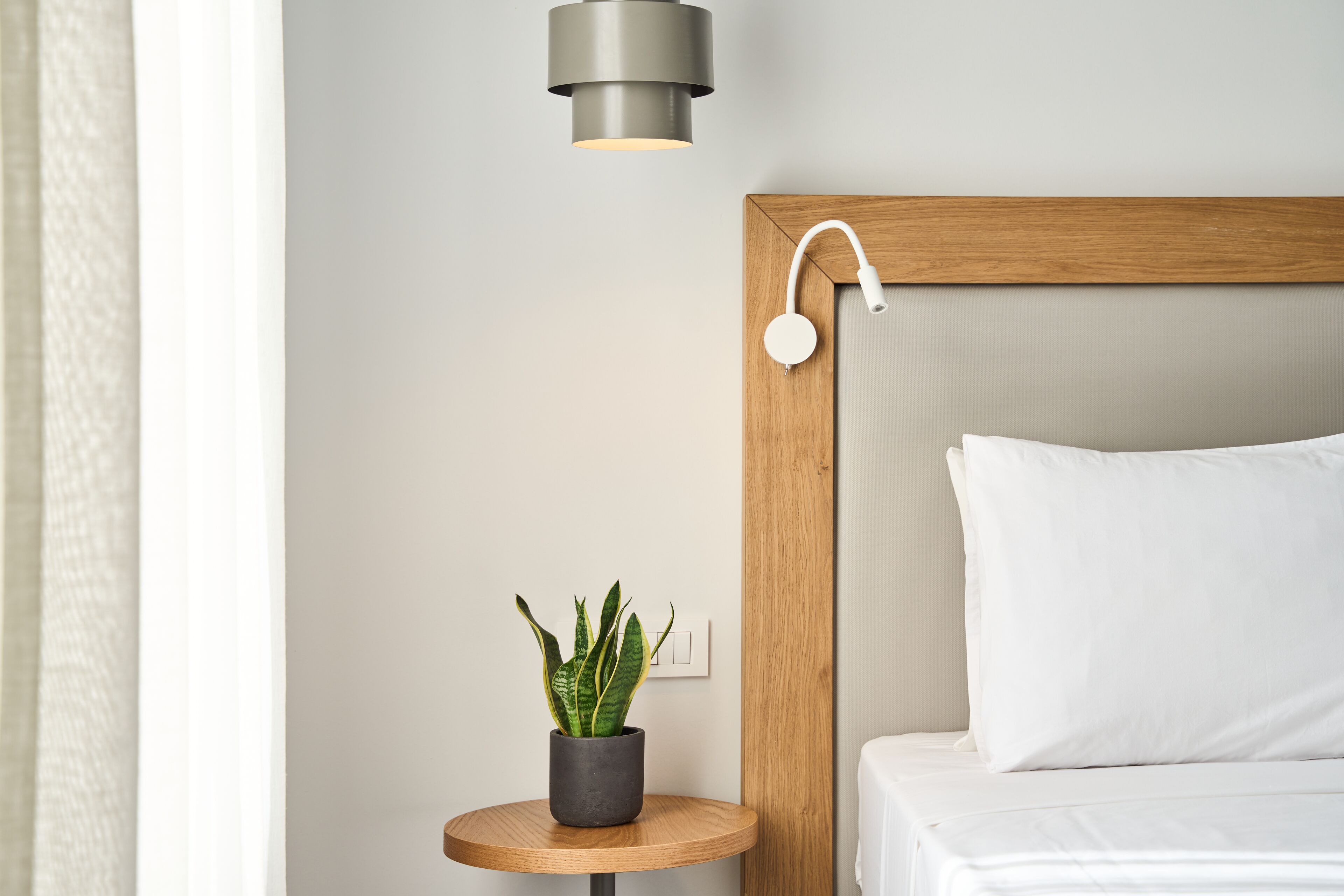 A neatly made bed with white bedding, a small round wooden table with a potted plant, and a modern wall-mounted light fixture.