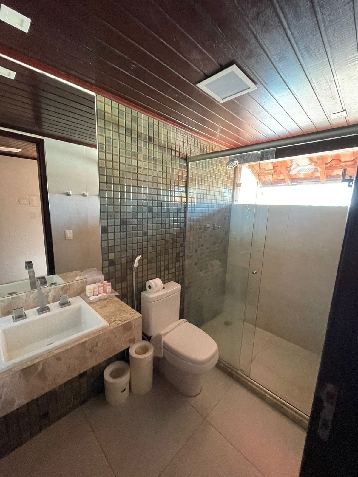 A bathroom with a sink, toilet, and shower.