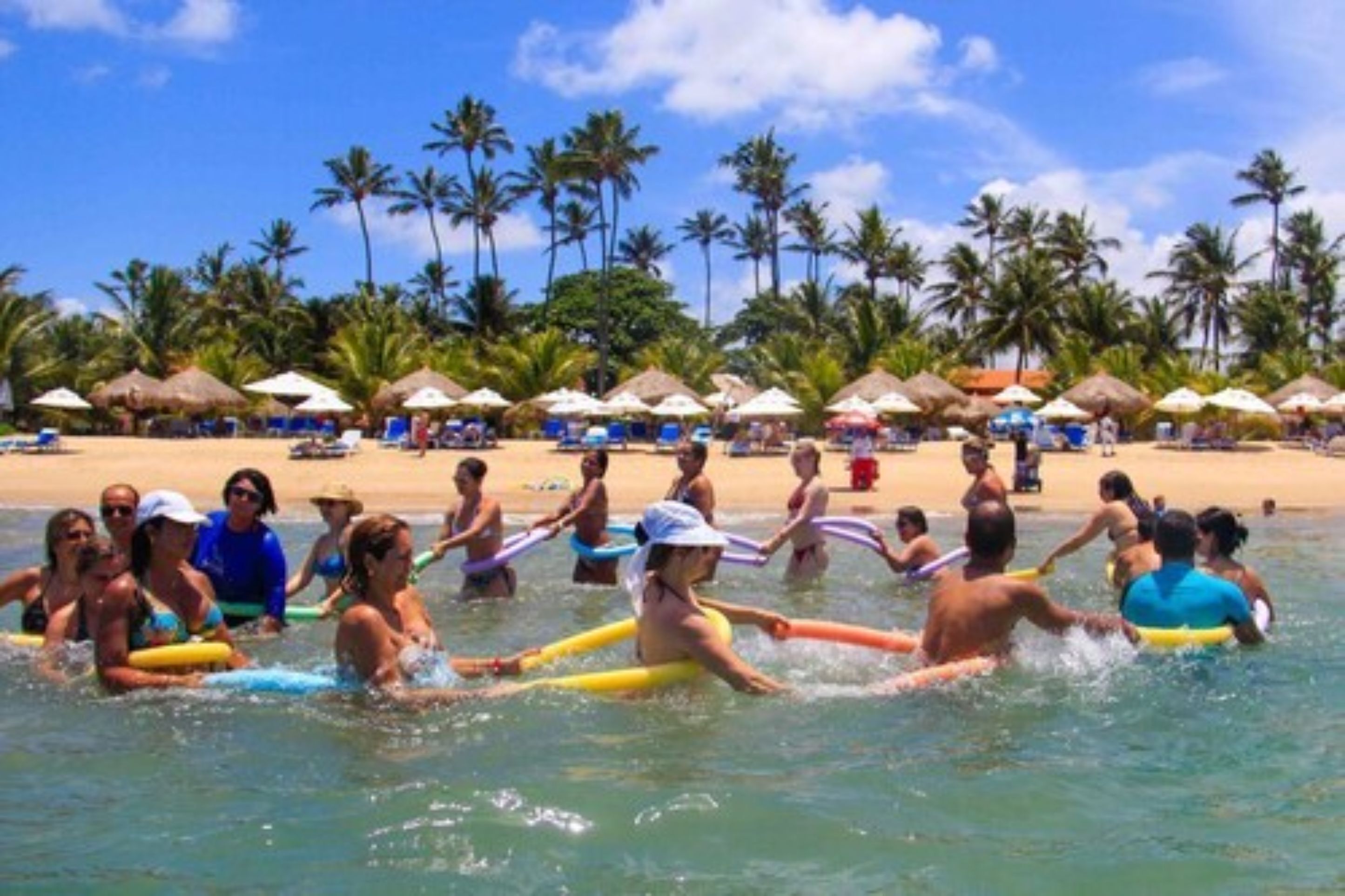 A group of people on surfboards in the water, with a beach and palm trees in the background.