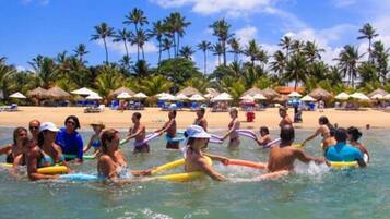A group of people on surfboards in the water, with a beach and palm trees in the background.
