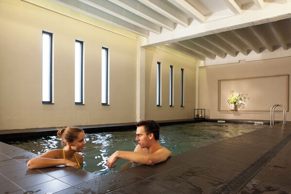 Indoor pool, open 7 AM to 10:30 AM, sun loungers