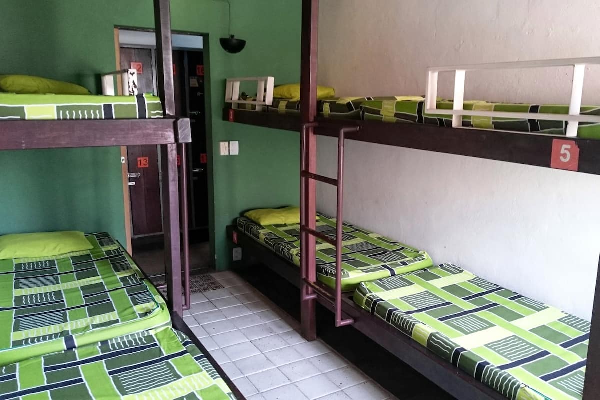 Ein Schlafsaalzimmer mit Etagenbetten, nummerierten Betten und einer Tür mit einer Nummer.