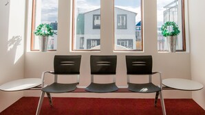 A room with three chairs facing a window with a red carpet.