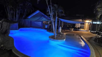 Outdoor pool, open 8:00 AM to 10:00 PM, pool umbrellas, sun loungers