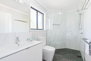 Combined shower/tub, free toiletries, hair dryer, towels