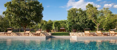 Piscine extérieure, chaises longues