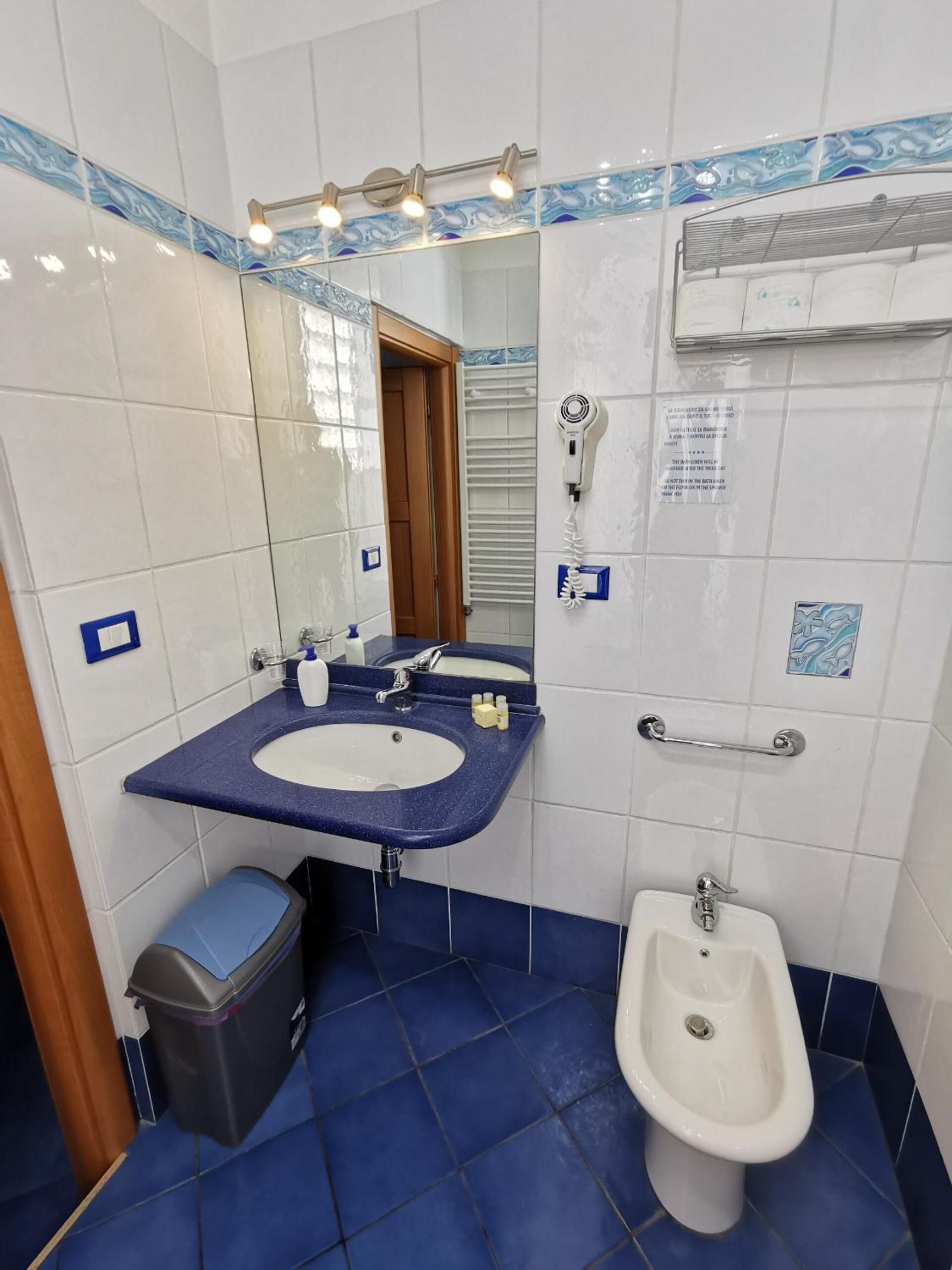 Une salle de bain avec deux lavabos, un bidet, une poubelle et un sèche-cheveux.