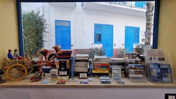 Vista a través de una ventana de una habitación con una colección de libros y una pequeña maqueta de un carruaje tirado por caballos.