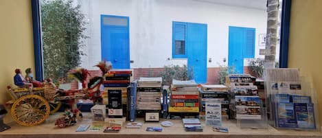 A view through a window of a room with a collection of books and a small model of a horse-drawn carriage.