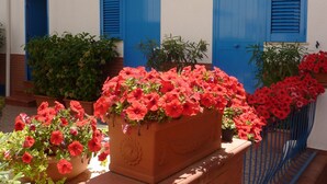 A building with blue shutters and potted plants with red flowers. - Al Baglio - Affittacamere (Palermo)
