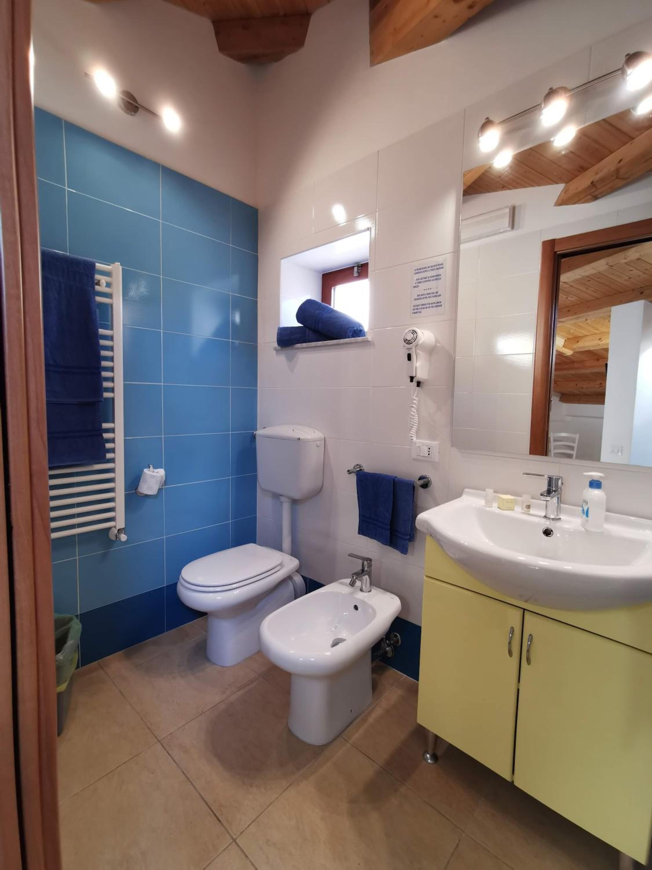 Une salle de bain équipée de toilettes, d’un bidet et d’un lavabo, avec des carreaux bleus et blancs, des poutres en bois au plafond et un miroir au-dessus du lavabo.